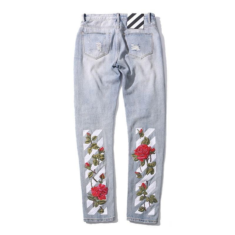 港风国潮小众轻奢时尚重工绣花牛仔裤 高街BF男女破洞修身小脚裤