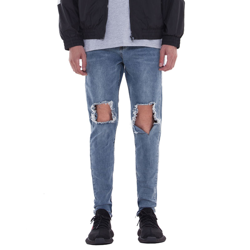 欧美水洗做旧膝盖破洞牛仔裤男士修身乞丐裤潮小脚裤