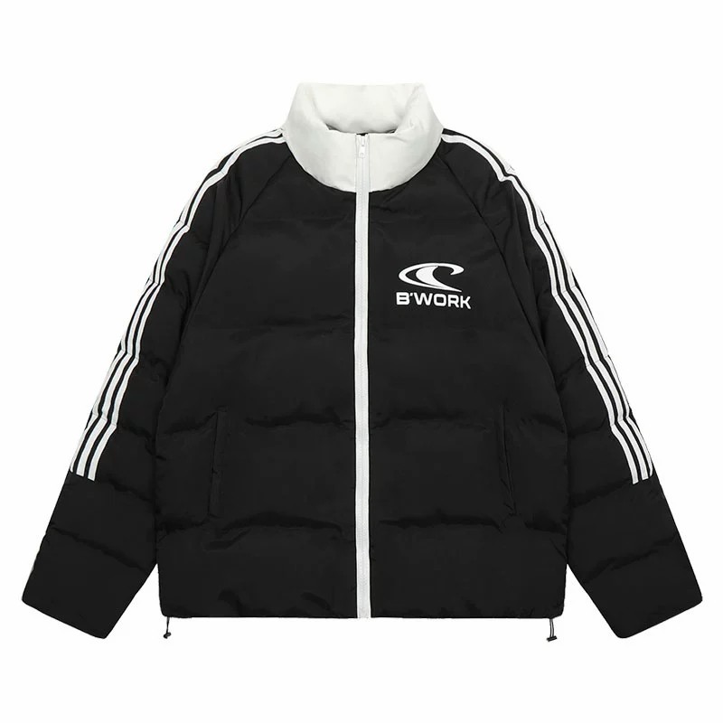 国潮美式拼色条纹棉衣棉服男女秋冬情侣加厚面包服外套