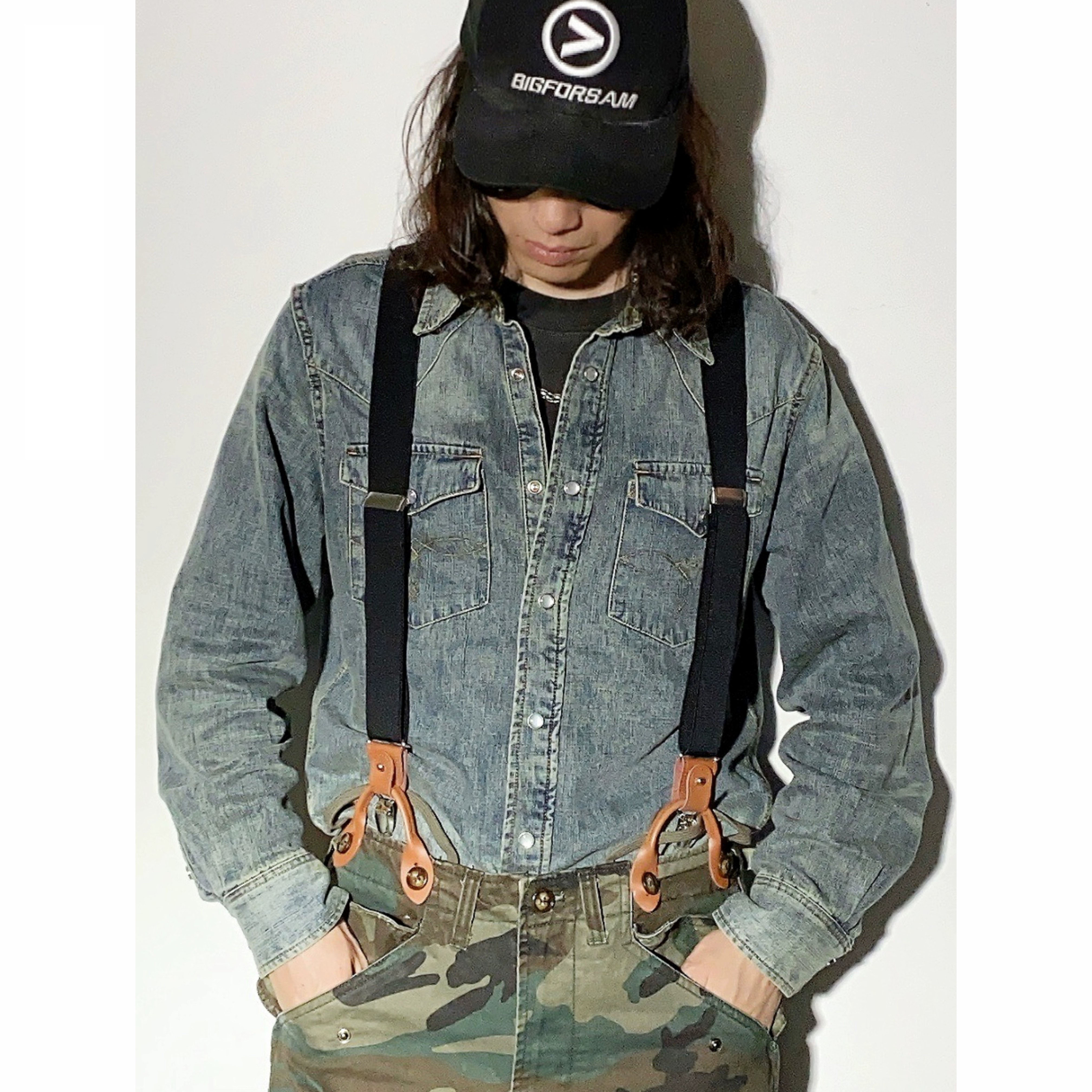 美式复古背带阿美咔叽纽扣式男女弹力织带夹吊带牛皮扣装饰肩带潮